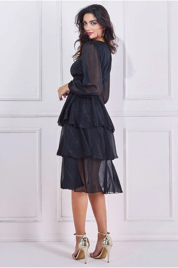 Long Sleeve Tiered Midi Dress - Black Goddiva